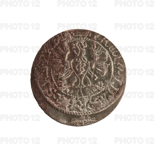 szelag, Section of Coins of Lands Associated with Poland, eagles, cross (iconographic), Frederick William I Hohenzollern (Great Elector of Brandenburg; Prince of Prussia; 1620-1688), Hohenzollern (coat of arms). Obv.: Prussian eagle, on its chest a monogram composed of the letters IC; in the rim, between the pearl borders, an inscription beginning with a princely mitre, ID.W, LH.M, R.BR.SRIPR.EL. Rev.: Monogram composed of the letters FW separating the inner border; in the rim an inscription beginning with a cross, divided by the Hohenzollern coat of arms +SOLIDUS.PR - USSIAE.1654. Date: 1654. Place: Ducal Prussia (1525–1701), Königsberg. Object: coin (szelag); diameter 15.3 mm; weight 0.48 g; axis 0°.