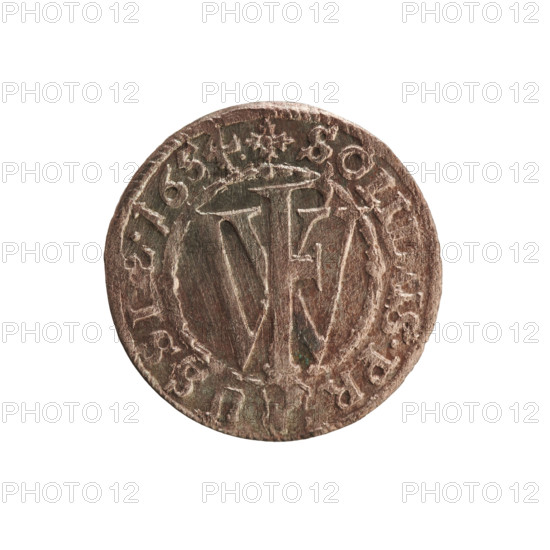 szelag, eagles, cross (iconographic), Frederick William I Hohenzollern (Great Elector of Brandenburg; Prince of Prussia; 1620-1688), Hohenzollern (coat of arms). Obverse: Prussian eagle, on its chest a monogram composed of the letters IC; in the rim, between pearl borders, an inscription beginning with a princely mitre, ID.W, LH.M, R.BR.SRIPR.EL. Reverse: monogram composed of the letters FW separating the inner border; in the rim an inscription beginning with a cross, divided by the Hohenzollern coat of arms +SOLIDUS.PR - USSIAE.1654. Date: 1654. Place: Ducal Prussia (1525–1701), Königsberg. Object: coin (szelag). Dimensions: diameter 15.3 mm; weight 0.48 g; axis 0°.