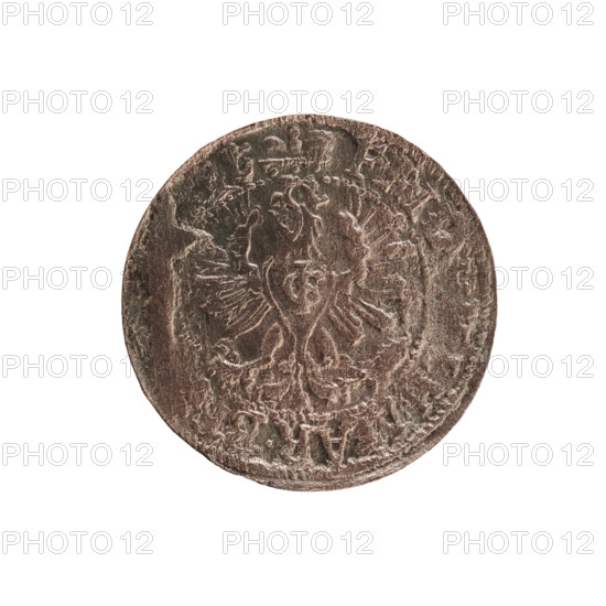 szelag, Section of Coins of Lands Associated with Poland, eagles, cross (iconographic), Frederick William I Hohenzollern (Great Elector of Brandenburg; Prince of Prussia; 1620-1688), Hohenzollern (coat of arms). Obverse: Prussian eagle, on its chest a monogram composed of the letters IC. In the rim, between the pearl borders, an inscription beginning with a princely mitre FRID.; monogram composed of the letters FW separating the inner border. Reverse: In the rim an inscription beginning with a cross, divided by the Hohenzollern coat of arms +SOLID, S.PR - US; dated 1654, Königsberg, Ducal Prussia (1525–1701). Coin: diameter 15.4 mm, weight 0.55 g, axis 0 degrees.