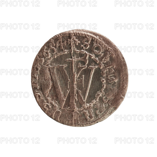 szelag, Section of Coins of Lands Associated with Poland, eagles, cross (iconographic), Frederick William I Hohenzollern (Great Elector of Brandenburg; Prince of Prussia; 1620-1688), Hohenzollern (coat of arms). Obverse: Prussian eagle, on its chest a monogram composed of the letters IC. In the rim, between the pearl borders, an inscription beginning with a princely mitre FRID., AR, Rw. Monogram composed of the letters FW separating the inner border. Reverse: in the rim an inscription beginning with a cross, divided by the Hohenzollern coat of arms +SOLID, S.PR - US, 1654. Königsberg, Ducal Prussia (1525–1701). Coin: diameter 15.4 mm; weight 0.55 g; axis 0°.