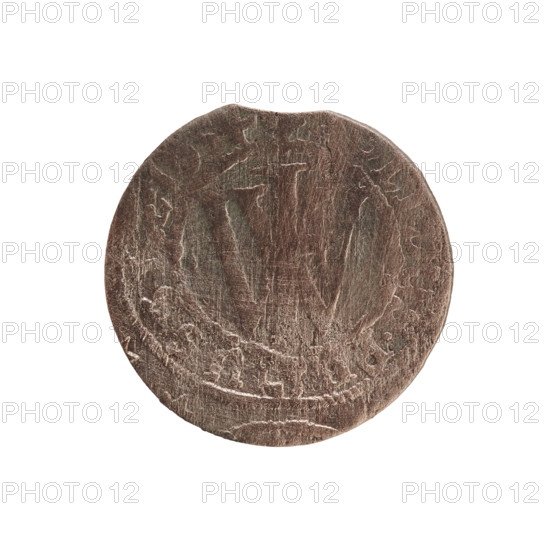 szelag; coin of Ducal Prussia (1525–1701), Königsberg; 1654; obverse: Prussian eagle with monogram composed of the letters IC on its chest; rim inscription between pearl borders beginning with a cross +, MAR.BR.SRI; reverse: monogram composed of the letters FW separating the inner border; rim inscription beginning with a cross +, OLIDUS.P, AE.1654; references Hohenzollern (coat of arms) and Frederick William I Hohenzollern (Great Elector of Brandenburg; Prince of Prussia; 1620–1688); iconography includes a cross; coin; diameter 15.6 mm; weight 0.61 g; axis 0°