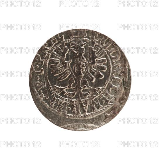 szelag, Section of Coins of Lands Associated with Poland, eagles, cross (iconographic), Frederick William I Hohenzollern (Great Elector of Brandenburg; Prince of Prussia; 1620-1688), Hohenzollern (coat of arms). Obverse: Prussian eagle, on its chest a monogram composed of the letters IC; in the rim between the pearl borders the inscription 'FRID.WILH.MAR.BR.SRIPR.EL.' Reverse: monogram composed of the letters FW separating the inner border; in the rim an inscription beginning with a cross, divided by the Hohenzollern coat of arms '+SOLIDUS.PR - USSIAE.1654.' Date: 1654. Place: Ducal Prussia (1525–1701), Königsberg. Coin: diameter 15.7 mm, weight 0.57 g, axis 0 degrees.