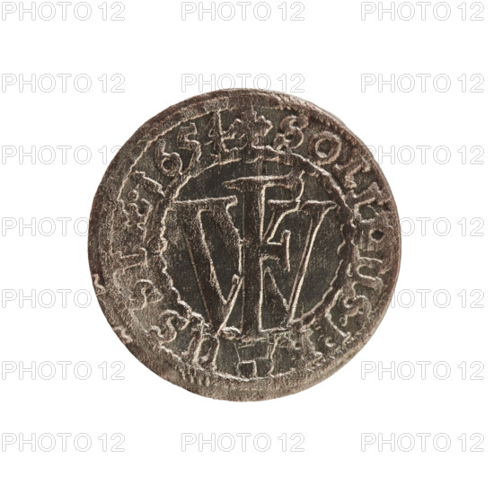 szelag, eagles, cross (iconographic), Frederick William I Hohenzollern (1620–1688), Hohenzollern (coat of arms). Obverse: Prussian eagle with a chest monogram composed of the letters IC; rim inscription FRID.WILH.MAR.BR.SRIPR.EL. Reverse: monogram composed of the letters FW separating the inner border; rim inscription beginning with a cross, divided by the Hohenzollern coat of arms +SOLIDUS.PR - USSIAE.1654. Date: 1654. Place: Ducal Prussia (1525–1701), Königsberg. Object: coin (szelag). Diameter 15.7 mm; weight 0.57 g; axis 0°.