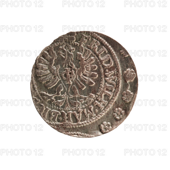 szelag; Section of Coins of Lands Associated with Poland; eagles; cross (iconographic); Frederick William I Hohenzollern (Great Elector of Brandenburg; Prince of Prussia; 1620–1688); Hohenzollern (coat of arms). Obverse: Prussian eagle, on its chest a monogram composed of the letters IC; in the rim, between the pearl borders, an inscription beginning with a princely mitre FRID.WILH.MAR.BR. Reverse: monogram composed of the letters FW separating the inner border; in the rim an inscription beginning with a cross, divided by the Hohenzollern coat of arms +, R - USSIAE.1654. Date: 1654. Place: Ducal Prussia (1525–1701), Königsberg. Medium: coin. Dimensions: diameter 15.5 mm; weight 0.44 g; axis 0 degrees.