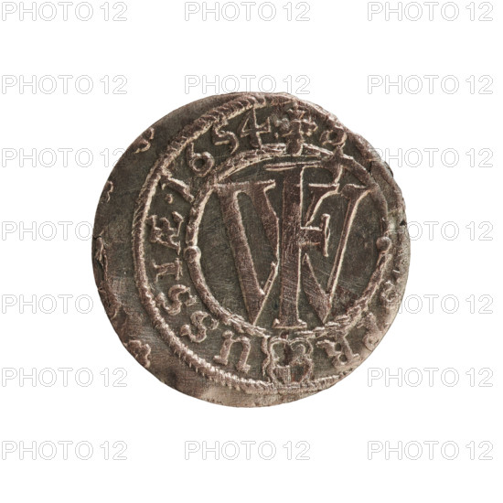 szelag, eagles, cross (iconographic), Frederick William I Hohenzollern (Great Elector of Brandenburg; Prince of Prussia; 1620-1688), Hohenzollern (coat of arms). Obv.: Prussian eagle, on its chest a monogram composed of the letters IC. In the rim, between the pearl borders, an inscription beginning with a princely mitre FRID.WILH.MAR.BR. Rev.: monogram composed of the letters FW separating the inner border. In the rim an inscription beginning with a cross, divided by the Hohenzollern coat of arms +, R - USSIAE.1654. Date: 1654. Place: Ducal Prussia (1525–1701), Königsberg. Object: coin (szelag); diameter 15.5 mm; weight 0.44 g; axis 0°.