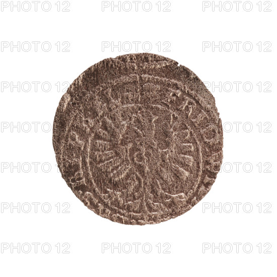 szelag; eagles; Frederick William I Hohenzollern (Great Elector of Brandenburg; Prince of Prussia; 1620–1688); cross (iconographic); Hohenzollern (coat of arms). Obverse: Prussian eagle with a monogram composed of the letters IC on its breast; in the rim, between pearly borders, an inscription beginning with a ducal mitre FRID, .RIPR.EL. Reverse: monogram composed of the letters FW dividing the inner border; in the rim an inscription beginning with a cross, divided by the Hohenzollern coat of arms +SO, US.PR - USS, 4, 1654. Duchy of Prussia (1525–1701), Königsberg. Coin; diameter 15.6 mm; weight 0.32 g; axis 0°.