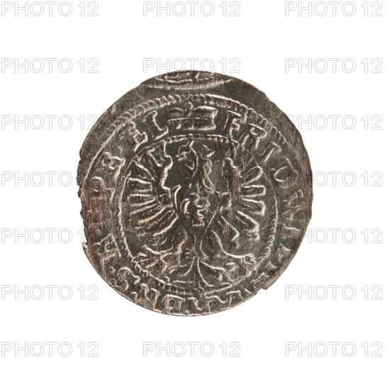 szelag, cross (iconographic), eagles, Frederick William I Hohenzollern (Great Elector of Brandenburg; Prince of Prussia; 1620–1688), Hohenzollern (coat of arms). Obverse: Prussian eagle, on its chest a monogram composed of the letters IC. In the rim, between the pearl borders, an inscription beginning with a princely mitre FRID.W, RSRIPR.EL Rw. Monogram composed of the letters FW separating the inner border. In the rim an inscription beginning with a cross, divided by the Hohenzollern coat of arms +SOLIDUS.PR - USSIAE.1654. Date: 1654. Place: Ducal Prussia (1525–1701), Königsberg. Coin, diameter 15.6 mm, weight 0.61 g, axis 0 degrees.