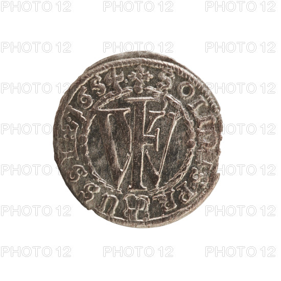 szelag, cross (iconographic), eagles, Frederick William I Hohenzollern (Great Elector of Brandenburg; Prince of Prussia; 1620-1688), Hohenzollern (coat of arms). Obv.: Prussian eagle, on its chest a monogram composed of the letters IC. In the rim, between the pearl borders, an inscription beginning with a princely mitre FRID.W, RSRIPR.EL Rw. Monogram composed of the letters FW separating the inner border. In the rim an inscription beginning with a cross, divided by the Hohenzollern coat of arms +SOLIDUS.PR - USSIAE.1654. 1654, Ducal Prussia (1525-1701), Königsberg. Coin: diameter 15.6 mm, weight 0.61 g, axis 0 degrees.