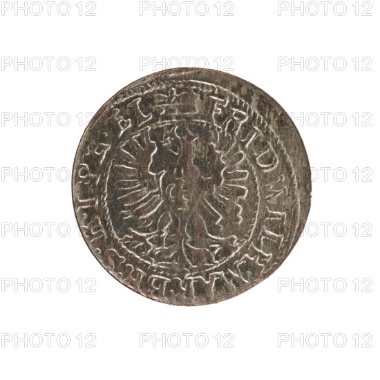 szelag, eagles, cross (iconographic), Frederick William I Hohenzollern (Great Elector of Brandenburg; Prince of Prussia; 1620-1688), Hohenzollern (coat of arms). Obv. Prussian eagle, on its chest a monogram composed of the letters IC. In the rim, between the pearl borders, an inscription beginning with a princely mitre FRID.WILH.MAR.BR.SRIPR.EL. Rv. Monogram composed of the letters FW separating the inner border. In the rim an inscription beginning with a cross, divided by the Hohenzollern coat of arms +SOLIDUS.PR - USSIAE.1654. 1654. Ducal Prussia (1525-1701), Königsberg. Coin; diameter 15.6 mm; weight 0.65 g; axis 0 degrees.