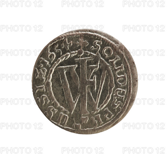 szelag; eagles; cross (iconographic); Frederick William I Hohenzollern (Great Elector of Brandenburg; Prince of Prussia; 1620–1688); Hohenzollern (coat of arms). Obverse: Prussian eagle, on its chest a monogram composed of the letters IC; in the rim, between the pearl borders, an inscription beginning with a princely mitre FRID.WILH.MAR.BR.SRIPR.EL. Reverse: monogram composed of the letters FW separating the inner border; in the rim an inscription beginning with a cross, divided by the Hohenzollern coat of arms +SOLIDUS.PR - USSIAE.1654. Date: 1654. Place: Ducal Prussia (1525–1701), Königsberg. Medium: coin. Diameter: 15.6 mm; weight: 0.65 g; axis: 0 degrees.
