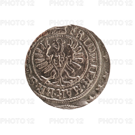 szelag, eagles, cross (iconographic), Frederick William I Hohenzollern (Great Elector of Brandenburg; Prince of Prussia; 1620-1688), Hohenzollern (coat of arms). Obv.: Prussian eagle, on its chest a monogram composed of the letters IC. In the rim, between the pearl borders, an inscription beginning with a princely mitre FRID.WILH.MAR.BR.S. Rev.: Monogram composed of the letters FW separating the inner border. In the rim an inscription beginning with a cross, divided by the Hohenzollern coat of arms, DUS.PR - USSIAE.1654. 1654. Ducal Prussia (1525-1701), Königsberg. Coin: diameter 15.6 mm, weight 0.61 g, axis 0 degrees.