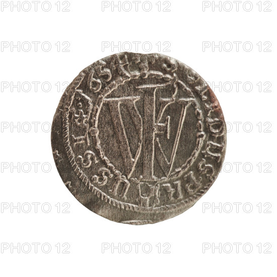 szelag, eagles, cross (iconographic), Frederick William I Hohenzollern (Great Elector of Brandenburg; Prince of Prussia; 1620-1688), Hohenzollern (coat of arms). Obverse: Prussian eagle, on its chest a monogram composed of the letters IC. In the rim, between the pearl borders, an inscription beginning with a princely mitre FRID.WILH.MAR.BR.S. Reverse: monogram composed of the letters FW separating the inner border. In the rim an inscription beginning with a cross, divided by the Hohenzollern coat of arms, DUS.PR - USSIAE. 1654. Ducal Prussia (1525-1701), Königsberg. Coin: diameter 15.6 mm, weight 0.61 g, axis 0 degrees.