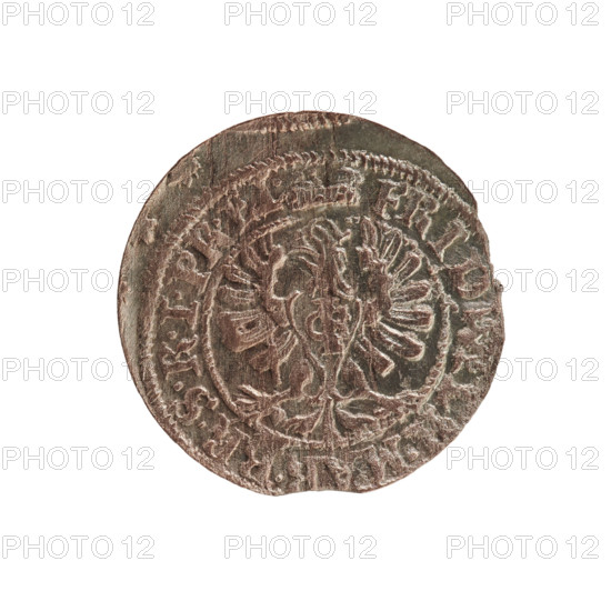 szelag; eagles; cross (iconographic); Frederick William I Hohenzollern (Great Elector of Brandenburg; Prince of Prussia; 1620–1688); Hohenzollern (coat of arms). Obverse: Prussian eagle bearing on its chest a monogram composed of the letters IC; rim inscription beginning with a princely mitre FRID.WILH.MAR.BR.SRIPR.EL. Reverse: monogram composed of the letters FW separating the inner border; rim inscription beginning with a cross, divided by the Hohenzollern coat of arms +SOLIDUS.PR - USSIAE.1654. Date: 1654. Place: Ducal Prussia (1525–1701), Königsberg. Coin; diameter 15.7 mm; weight 0.61 g; axis 0°.
