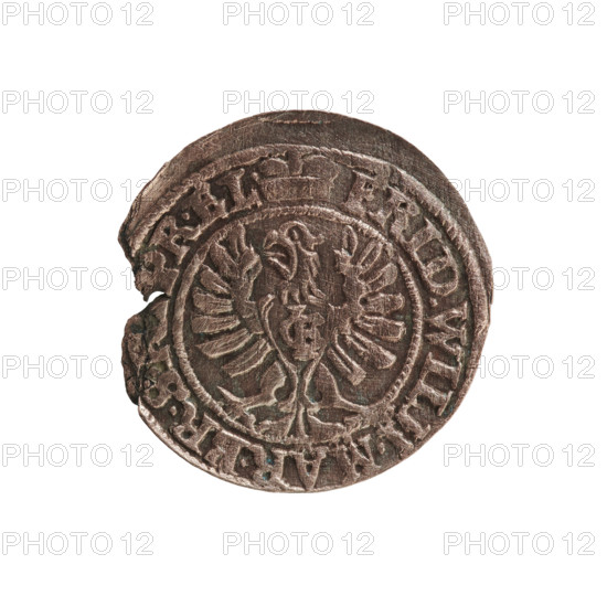 szelag; eagles; cross (iconographic); Frederick William I Hohenzollern (Great Elector of Brandenburg; Prince of Prussia; 1620–1688); Hohenzollern (coat of arms). Obverse: Prussian eagle with a monogram composed of the letters IC on its chest. On the rim, between pearl borders, an inscription beginning with a princely mitre FRID.WILH.MAR.BR.SR, PR.EL. Rw. Monogram composed of the letters FW separating the inner border. On the rim an inscription beginning with a cross, divided by the Hohenzollern coat of arms +SOLIDUS.PR - USSIAE.1654. Date: 1654. Place: Ducal Prussia (1525–1701), Königsberg. Object: coin (szelag). Diameter: 15.8 mm. Weight: 0.69 g. Axis: 0 degrees.