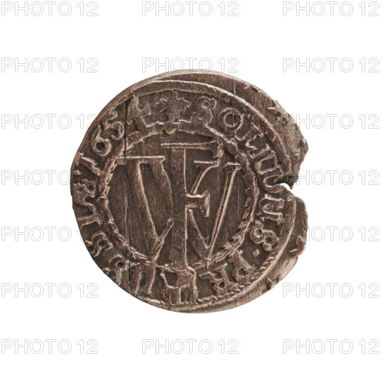 szelag; eagles; cross (iconographic); Frederick William I Hohenzollern (Great Elector of Brandenburg; Prince of Prussia; 1620–1688); Hohenzollern (coat of arms). Obverse: Prussian eagle bearing on its chest a monogram composed of the letters IC. On the rim, between the pearl borders, an inscription beginning with a princely mitre FRID.WILH.MAR.BR.SR, PR.EL. Rw. Monogram composed of the letters FW separating the inner border. In the rim an inscription beginning with a cross, divided by the Hohenzollern coat of arms +SOLIDUS.PR - USSIAE. 1654. Ducal Prussia (1525–1701), Königsberg. Coin; diameter 15.8 mm; weight 0.69 g; axis 0°.