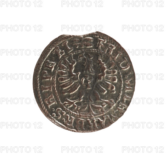 szelag; eagles; cross (iconographic); Frederick William I Hohenzollern (Great Elector of Brandenburg; Prince of Prussia; 1620–1688); Hohenzollern (coat of arms). Obverse: Prussian eagle, on its chest a monogram composed of the letters IC; in the rim, between the pearl borders, an inscription beginning with a princely mitre FRID.WILH.MAR.BR.SRIPR.EL. Reverse: monogram composed of the letters FW separating the inner border; in the rim an inscription beginning with a cross, divided by the Hohenzollern coat of arms +SOLIDUS.PR - U, 4., 1654. Königsberg, Ducal Prussia (1525–1701). Coin. Diameter 15.3 mm; weight 0.53 g; axis 0 degrees.
