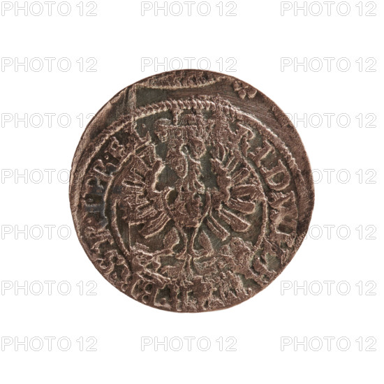 szelag; eagles; cross (iconographic); Frederick William I Hohenzollern (Great Elector of Brandenburg; Prince of Prussia; 1620–1688); Hohenzollern (coat of arms). Obverse: Prussian eagle with a chest monogram composed of the letters IC; rim inscription beginning with a princely mitre, 'RID.WILH., R.BR.SRIPR.EL.' Reverse: monogram composed of the letters FW separating the inner border; rim inscription beginning with a cross, divided by the Hohenzollern coat of arms '+SOLIDUS.PR -', 'S', 'AE.1654', dated 1654. Ducal Prussia (1525–1701), Königsberg. Coin; diameter 15.7 mm; weight 0.54 g; axis 0°.