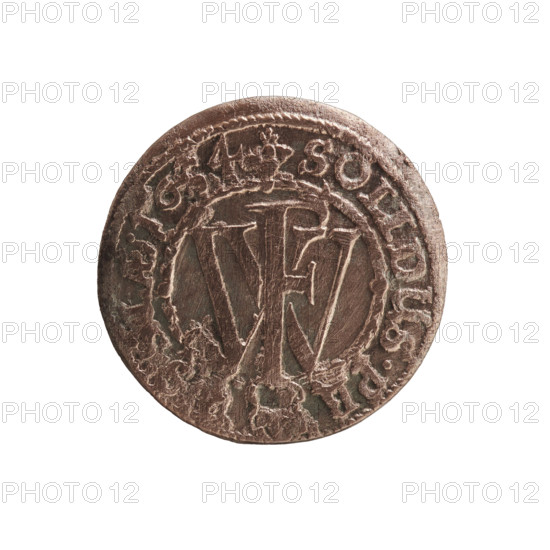 szelag, eagles, cross (iconographic), Frederick William I Hohenzollern (Great Elector of Brandenburg; Prince of Prussia; 1620–1688), Hohenzollern (coat of arms). Obv. Prussian eagle, on its chest a monogram composed of the letters IC. In the rim, between the pearl borders, an inscription beginning with a princely mitre, RID.WILH., R.BR.SRIPR.EL. Rev. Monogram composed of the letters FW separating the inner border. In the rim an inscription beginning with a cross, divided by the Hohenzollern coat of arms +SOLIDUS.PR -, S, AE.1654, 1654. Ducal Prussia (1525–1701), Königsberg. Coin: diameter 15.7 mm, weight 0.54 g, axis 0 degrees.