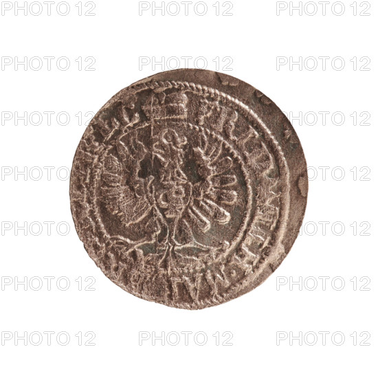 szelag, cross (iconographic), eagles, Frederick William I Hohenzollern (Great Elector of Brandenburg; Prince of Prussia; 1620-1688), Hohenzollern (coat of arms). Obv.: Prussian eagle with a monogram composed of the letters IC on its chest; on the rim between pearl borders an inscription beginning with a princely mitre FRID, LH.MA, BR . R].I.PR.EL. Rev.: monogram composed of the letters FW separating the inner border; on the rim an inscription beginning with a cross, divided by the Hohenzollern coat of arms +SOLID, - USSI, 1654. Date: 1654. Place: Ducal Prussia (1525–1701), Königsberg. Object: coin (szelag). Dimensions: diameter 15.7 mm, weight 0.50 g, axis 0°.