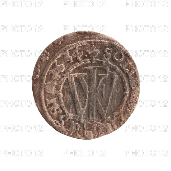szelag, cross (iconographic), eagles, Frederick William I Hohenzollern (Great Elector of Brandenburg; Prince of Prussia; 1620–1688), Hohenzollern (coat of arms). Obv.: Prussian eagle; on its chest a monogram composed of the letters IC. On the rim, between the pearl borders, an inscription beginning with a princely mitre FRID, LH.MA, BR . R].I.PR.EL. Rev.: Monogram composed of the letters FW separating the inner border. In the rim an inscription beginning with a cross, divided by the Hohenzollern coat of arms +SOLID, - USSI, 1654. Date: 1654. Place: Ducal Prussia (1525–1701), Königsberg. Object: coin (szelag); diameter 15.7 mm; weight 0.50 g; axis 0°.