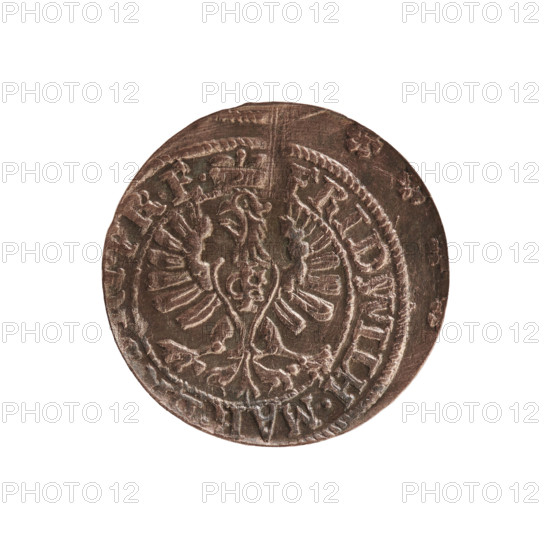 szelag, eagles, Frederick William I Hohenzollern (Great Elector of Brandenburg; Prince of Prussia; 1620-1688), cross (iconographic), Hohenzollern (coat of arms). Obv. Prussian eagle, on its chest a monogram composed of the letters IC. In the rim, between the pearl borders, an inscription beginning with a princely mitre FRID.WILH.MAR., .PR.E. Rv. Monogram composed of the letters FW separating the inner border. In the rim an inscription beginning with a cross, divided by the Hohenzollern coat of arms, SOLIDUS.PR - USSIAE.1654. 1654, Königsberg, Ducal Prussia (1525–1701). Coin; diameter 15.6 mm; weight 0.50 g; axis 0 degrees.