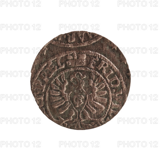 Szelag; section of coins of lands associated with Poland; eagles; cross (iconographic); Frederick William I Hohenzollern (Great Elector of Brandenburg; Prince of Prussia; 1620–1688); Hohenzollern (coat of arms). Obverse: Prussian eagle with a monogram composed of the letters IC on its chest. Rim between pearl borders: inscription beginning with a princely mitre FRID.WIL, .PR.EL; inner border separated by a monogram composed of the letters FW. Rim inscription beginning with a cross, divided by the Hohenzollern coat of arms +SOLIDUS.PR - USSIAE. Date: 1654. Place: Königsberg, Ducal Prussia (1525–1701). Medium: coin. Diameter: 15.4 mm. Weight: 0.52 g. Axis: 0 degrees.