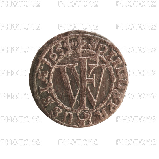 Szelag; coin of Ducal Prussia (1525–1701), 1654; obverse: Prussian eagle bearing a chest monogram of the letters IC; rim inscription beginning with a princely mitre FRID.WIL .PR.EL Rw; monogram FW separating the inner border; reverse: Hohenzollern coat of arms, cross (iconographic) and inscription beginning with +SOLIDUS.PR - USSIAE.1654; associated with Frederick William I Hohenzollern (Great Elector of Brandenburg; Prince of Prussia; 1620–1688); diameter 15.4 mm, weight 0.52 g, axis 0°.