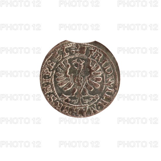 szelag; eagles; cross (iconographic); Frederick William I Hohenzollern (Great Elector of Brandenburg; Prince of Prussia; 1620–1688); Hohenzollern (coat of arms). Obverse: Prussian eagle, on its chest a monogram composed of the letters IC; in the rim, between the pearl borders, an inscription beginning with a princely mitre FRID.WILH.MAR.BR.SRIPR.EL. Reverse: monogram composed of the letters FW separating the inner border; in the rim an inscription beginning with a cross, divided by the Hohenzollern coat of arms, SOLIDUS.PRUSSIAE.1654. Date: 1654. Place: Ducal Prussia (1525–1701), Königsberg. Object: coin (szelag). Diameter 15.6 mm; weight 0.58 g; axis 0°.