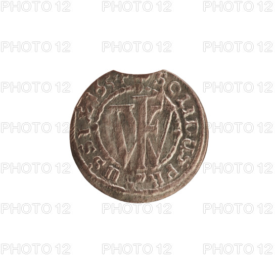 szelag; eagles; cross (iconographic); Frederick William I Hohenzollern (Great Elector of Brandenburg; Prince of Prussia; 1620–1688); Hohenzollern (coat of arms). Obverse: Prussian eagle with a monogram composed of the letters IC on its breast; in the rim, between pearl borders, an inscription beginning with a princely mitre FRID.WILH.MAR.BR.SRIPR.EL. Reverse: monogram composed of the letters FW separating the inner border; in the rim an inscription beginning with a cross, divided by the Hohenzollern coat of arms, SOLIDUS.PR - USSIAE.1654. Date: 1654. Place: Ducal Prussia (1525–1701), Königsberg. Coin; diameter 15.6 mm; weight 0.58 g; axis 0°.