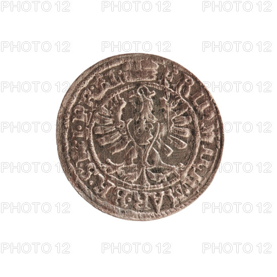 szelag, Melchior, Christoph (fl. 1646–1656). Obverse: Prussian eagle with on its chest a monogram composed of the letters IC; in the rim, between pearl-shaped borders, an inscription beginning with a ducal mitre FR. WILH. MAR. BR. S., I. PR. EL. Reverse: monogram composed of the letters FW separating the inner border; in the rim an inscription beginning with a cross, divided by the Hohenzollern coat of arms +SOLIDUS.PR - USSI. 1655. Frederick William I Hohenzollern (Great Elector of Brandenburg; Duke of Prussia; 1620–1688). Hohenzollern coat of arms. Ducal Prussia (1525–1701), Königsberg. Coin (szelag): diameter 15.3 mm; weight 0.39 g; axis 0°.