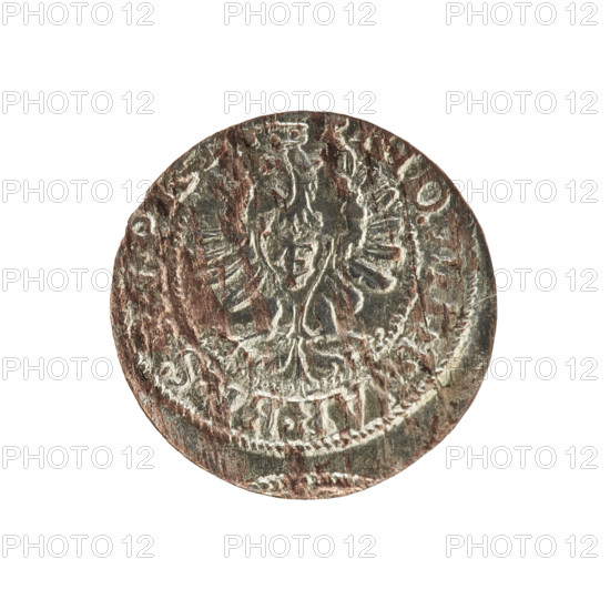 szelag; eagles; cross (iconographic); Frederick William I Hohenzollern (Great Elector of Brandenburg; Prince of Prussia; 1620–1688); Hohenzollern (coat of arms). Obverse: Prussian eagle with monogram of letters IC on its chest; rim inscription beginning with a princely mitre, 'RID.WILH.MAR.BR.SRIP'. Reverse: monogram composed of the letters FW separating the inner border; rim inscription beginning with a cross, divided by the Hohenzollern coat of arms, 'DUS.PR - USSIAE.' Date: 1654. Place: Ducal Prussia, Königsberg. Object: coin (szelag). Measurements: diameter 15.6 mm; weight 0.59 g; axis 0°.