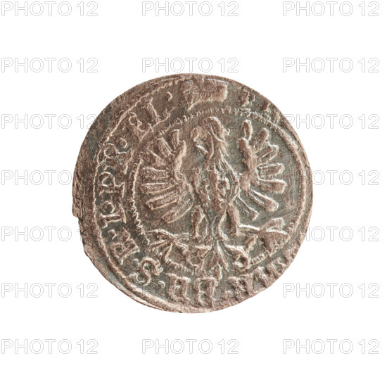 szelag, eagles, cross (iconographic), Frederick William I Hohenzollern (Great Elector of Brandenburg; Prince of Prussia; 1620-1688), Hohenzollern (coat of arms). Obverse: Prussian eagle, on its chest a monogram composed of the letters IC. In the rim, between the pearl borders, an inscription beginning with a princely mitre, R.BR.SRIPR.EL. Reverse: Monogram composed of the letters FW separating the inner border. In the rim an inscription beginning with a cross, divided by the Hohenzollern coat of arms, SOLIDUS.PR - USS, 165. Ducal Prussia (1525-1701), Königsberg. Coin; diameter 15.3 mm; weight 0.65 g; axis 0°.