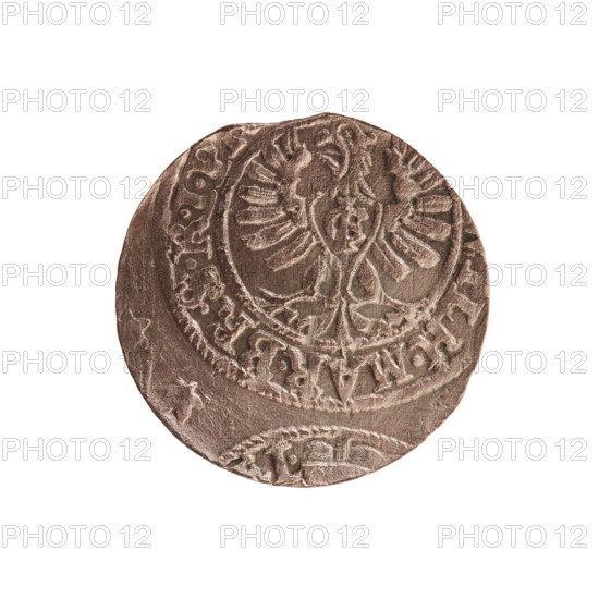szelag, Melchior, Christoph (fl. 1646–1656); Frederick William I Hohenzollern (Great Elector of Brandenburg; Prince of Prussia; 1620–1688). Obverse: Prussian eagle bearing on its chest a monogram composed of the letters IC; rim between pearl borders with inscription LH.MAR.BR.SRIP. Reverse: monogram composed of the letters FW separating the inner border; rim inscription beginning with a cross, divided by the Hohenzollern coat of arms +S, S.PR - USSIAE.1655. Dated 1655. Ducal Prussia (1525–1701), Königsberg. Coin; diameter 15.3 mm, weight 0.50 g, axis 0°. Materials/style: coin, eagles, cross (iconographic), Hohenzollern coat of arms.