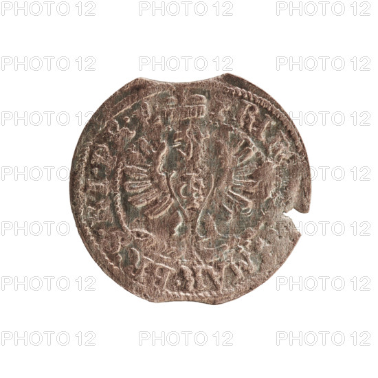 szelag; eagles; cross (iconographic); Frederick William I Hohenzollern (Great Elector of Brandenburg; Prince of Prussia; 1620–1688); Hohenzollern (coat of arms). Obverse: Prussian eagle with a monogram composed of the letters IC on its chest; in the rim between pearl borders an inscription beginning with a ducal mitre FRI, .MAR.BR.SRIPR.E. Reverse: monogram composed of the letters FW dividing the inner border; in the rim an inscription beginning with a cross, divided by the Hohenzollern coat of arms +SOLIDUS.PR - US, .16, 16.. . Ducal Prussia (1525–1701), Königsberg. Coin; diameter 15.8 mm; weight 0.55 g; axis 0 degrees.