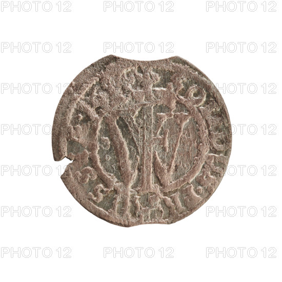 szelag, eagles, cross (iconographic), Frederick William I Hohenzollern (Great Elector of Brandenburg; Prince of Prussia; 1620–1688), Hohenzollern (coat of arms). Obverse: Prussian eagle, on its chest a monogram composed of the letters IC. In the rim, between the pearl borders, an inscription beginning with a ducal mitre FRI, .MAR.BR.SRIPR.E. Reverse: Monogram composed of the letters FW dividing the inner border. In the rim an inscription beginning with a cross, divided by the Hohenzollern coat of arms +SOLIDUS.PR - US, .16, 16.. Ducal Prussia (1525–1701), Königsberg. Coin; diameter 15.8 mm; weight 0.55 g; axis 0 degrees.