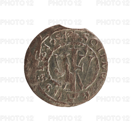 szelag; obverse: Prussian eagle with a monogram of the letters IC on its chest; rim inscription beginning with a princely mitre 'FRIDWILH.M...EL. Rw.' and a monogram composed of the letters FW separating the inner border; rim inscription beginning with a cross, divided by the Hohenzollern coat of arms, reading 'SOL.PR-SSI.1654'; dated 1654; Hohenzollern (coat of arms); Frederick William I Hohenzollern (Great Elector of Brandenburg; Prince of Prussia; 1620–1688) referenced; cross (iconographic); Ducal Prussia (1525–1701), Königsberg; coin, diameter 15.7 mm, weight 0.55 g, axis 0°.