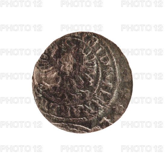 szelag; section of coins of lands associated with Poland; obverse: Prussian eagle with a monogram composed of the letters IC on its chest; in the rim between the pearl borders the inscription RID.WILH.MAR.BR; reverse: monogram composed of the letters FW separating the inner border; in the rim an inscription beginning with a cross, divided by the Hohenzollern coat of arms, reading DU .P. 165.; Frederick William I Hohenzollern (1620–1688); Hohenzollern coat of arms; iconography: eagles, cross; Ducal Prussia (1525–1701), Königsberg; coin; diameter 15.2 mm; weight 0.50 g; axis 0°