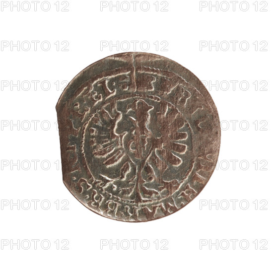 szelag; eagles; cross (iconographic); Frederick William I Hohenzollern (Great Elector of Brandenburg; Prince of Prussia; 1620–1688); Hohenzollern (coat of arms). Obverse: Prussian eagle, on its breast a monogram composed of the letters IC; in the rim, between pearly borders, an inscription beginning with a ducal mitre FRID.WILH.MAR.BR.SR,P,EL. Reverse: monogram composed of the letters FW dividing the inner border; in the rim an inscription beginning with a cross, divided by the Hohenzollern coat of arms +SOLIDUS.PR-USSIAE.16,165. Ducal Prussia (1525–1701), Königsberg. Coin; diameter 15.4 mm; weight 0.51 g; axis 0°.