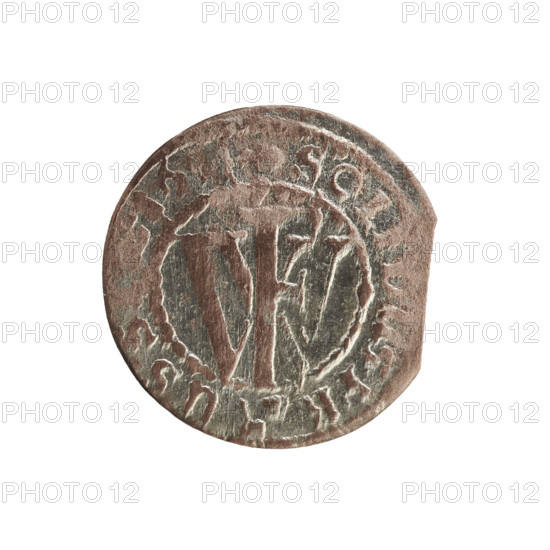 szelag; eagles; cross (iconographic); Frederick William I Hohenzollern (Great Elector of Brandenburg; Prince of Prussia; 1620–1688); Hohenzollern (coat of arms). Obverse: Prussian eagle, on its breast a monogram composed of the letters IC; in the rim, between pearly borders, an inscription beginning with a ducal mitre FRID.WILH.MAR.BR.SR,P,.EL. Reverse: monogram composed of the letters FW dividing the inner border; in the rim an inscription beginning with a cross, divided by the Hohenzollern coat of arms +SOLIDUS.PR-USSIAE.16,165. Ducal Prussia (1525–1701), Königsberg. Coin; diameter 15.4 mm; weight 0.51 g; axis 0°.