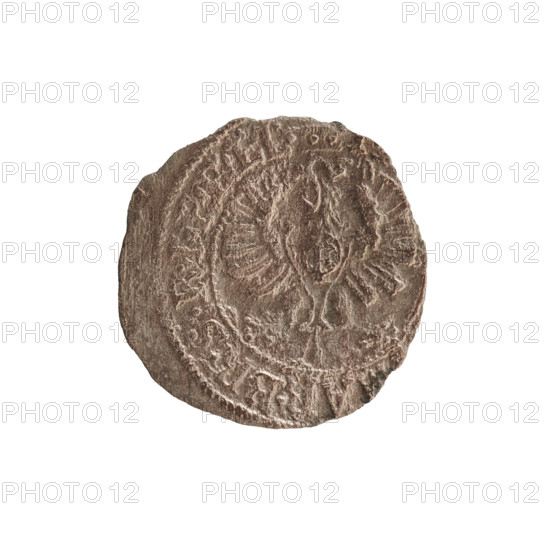 szelag; eagles; cross (iconographic); Frederick William I Hohenzollern (Great Elector of Brandenburg; Prince of Prussia; 1620–1688); Hohenzollern (coat of arms). Obverse: Prussian eagle with a chest monogram composed of the letters IC; rim between pearl borders with an inscription beginning with a princely mitre, MAR.BR.SRIPR.EL. Reverse: monogram composed of the letters FW separating the inner border; rim inscription beginning with a stylized cross, OLIDUS.PR. Ducal Prussia (1525–1701), Königsberg. Coin; diameter 14.5 mm; weight 0.38 g; axis 0°.
