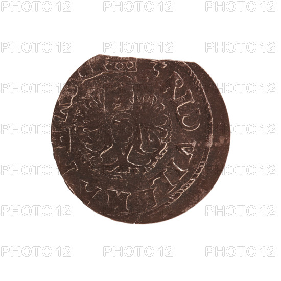 szelag forgery from the period; forgeries; eagles; cross (iconographic); Frederick William I Hohenzollern (Great Elector of Brandenburg; Prince of Prussia; 1620–1688). Obverse: Prussian eagle with a monogram on its chest composed of the letters IC; rim between pearl borders with an inscription beginning with a princely mitre FRIDVILHMAR. Reverse: monogram composed of the letters FW separating the inner border; rim inscription beginning with a stylized cross OLIDVSP RVSS. Date: 16..; Duchy of Prussia (1525–1701); coin, counterfeit (from the period). Measurements: diameter 15.8 mm; weight 0.54 g; axis 0°.