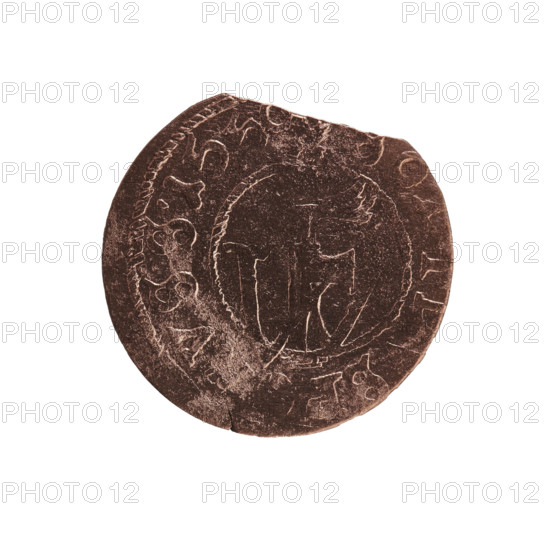 szelag forgery from the period; forgeries; eagles; cross (iconographic); Frederick William I Hohenzollern (Great Elector of Brandenburg; Prince of Prussia; 1620–1688). Obverse: Prussian eagle, on its chest a monogram composed of the letters IC; in the rim, between the pearl borders, an inscription beginning with a princely mitre FRIDVILHMAR. Reverse: monogram composed of the letters FW separating the inner border; in the rim an inscription beginning with a stylized cross, OLIDVSP RVSS. Date: 1550, 16.. . Duchy of Prussia (1525–1701). Coin, contemporary counterfeit. Diameter 15.8 mm; weight 0.54 g; axis 0°.