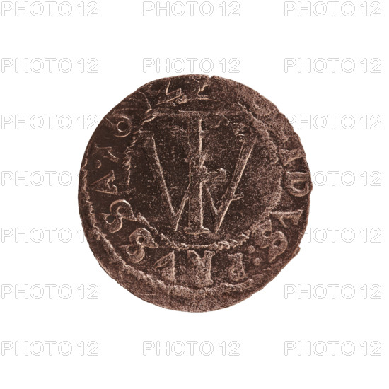 szelag, a forgery from the period; counterfeit coin (from the period); subject: eagles; cross (iconographic); maker/figure: Frederick William I Hohenzollern (Great Elector of Brandenburg; Prince of Prussia; 1620–1688); Obv.: Prussian eagle, on his chest a monogram composed of the letters IC; rim (obverse): between the pearl borders, an inscription beginning with a princely mitre FRIDWILHMA.R; Rev.: monogram composed of the letters FW separating the inner border; rim (reverse): an inscription beginning with a stylized cross, D, S.PR - VSSAE.161Z, 16..; place/authority: Ducal Prussia (1525–1701); for the original: Königsberg; coin; diameter 15.0 mm; weight 0.46 g; axis 0°.