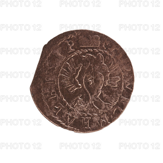 szelag, forgery from the period, forgeries, eagles, cross (iconographic), Frederick William I Hohenzollern (Great Elector of Brandenburg; Prince of Prussia; 1620-1688), obverse: eagle with spread-out wings, a point on his chest. In the rim, between the pearl borders, an inscription beginning with a ducal mitre, R WILMHAPFP IP. Reverse: monogram composed of the letters FW separating the inner border. In the rim an inscription beginning with a stylized cross. +SOLID, A1, 1, 165?; Ducal Prussia (1525–1701), (for the original), Königsberg (for the original); coin, counterfeit (from the period); coin diameter 15.9 mm; weight 0.44 g; axis 0°