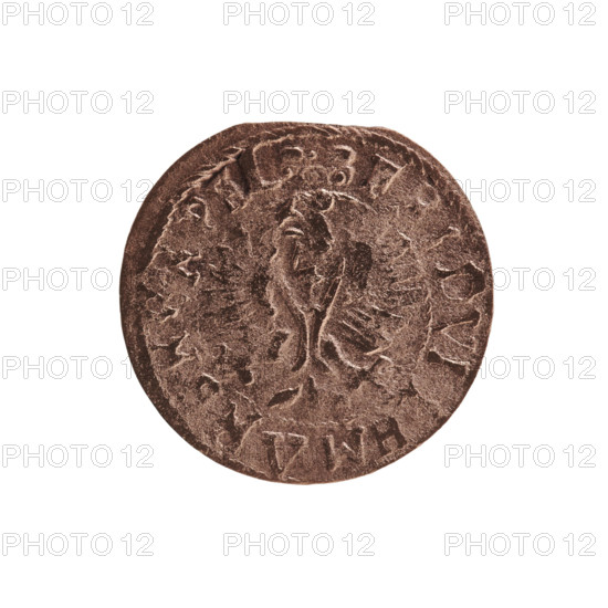 szelag, a forgery from the period; eagles; cross (iconographic); Frederick William I Hohenzollern (Great Elector of Brandenburg; Prince of Prussia; 1620–1688); Hohenzollern (coat of arms). Obverse: Prussian eagle, on its chest a star. On the rim, between the pearl borders, an inscription beginning with a princely mitre FRIDVILHMARSR. Reverse: monogram composed of the letters FW; in the rim an inscription beginning with a stylized cross, divided by the Hohenzollern coat of arms, reading SOLID, P -, VSSIAI, 16.. . Ducal Prussia (1525–1701). For the original: Königsberg. Coin, contemporary counterfeit; diameter 15.2 mm; weight 0.42 g; axis 0 degrees.