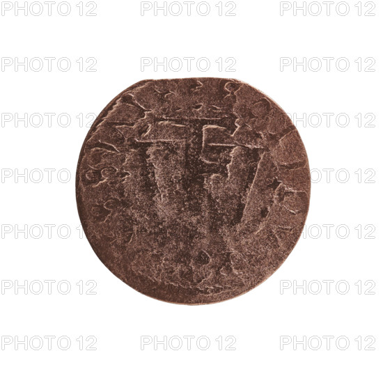 szelag, a forgery from the period; eagles; cross (iconographic); Frederick William I Hohenzollern (Great Elector of Brandenburg; Prince of Prussia; 1620–1688); Hohenzollern (coat of arms). Obverse: Prussian eagle with a star on its chest. On the rim, between the pearl borders, an inscription beginning with a princely mitre FRIDVILHMARSR. Reverse: monogram composed of the letters FW; in the rim an inscription beginning with a stylized cross, divided by the Hohenzollern coat of arms, SOLID, P -, VSSIAI, 16.. . Ducal Prussia (1525–1701); (for the original) Königsberg (for the original). Coin, counterfeit (from the period). Diameter 15.2 mm; weight 0.42 g; axis 0 degrees.