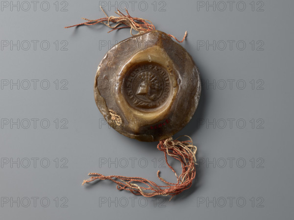 Round wax seal of Bolko II the Little (Duke of Jawor-Swidnica; 1326–1368). On-foot wax seal with countersigillum (princely chancellery seal). Obverse: a knight in armor and cloak, standing with head turned to the right, wearing a pot helmet with a jewel in the shape of a peacock-feather plume; right hand holds an upward-pointing sword, left holds a shield with an eagle. Flanking the prince are two slender turrets with pointed roofs topped by balls. Inscription around the rim: + S. BOLCONIS. D, S. SLE. ET. DNI. DE. FVRSTEBHG. Reverse (contrasigillum): round chancellery seal impressed on the back of the main seal; central motif a pot helmet with labras and a jewel in the shape of a peacock feather plume. Rim inscription: + S. BOLCONIS. DVCIS. SLESIE. Seal diameter 77 mm.