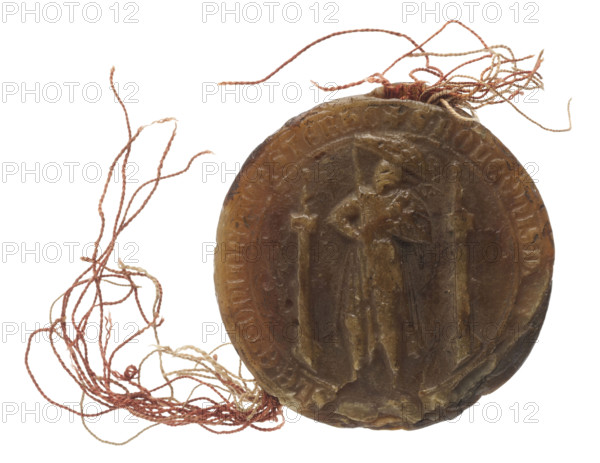 Round wax seal of Bolko II the Little (Duke of Jawor-Swidnica; 1326–1368). On-foot wax seal with countersigillum (round chancellery seal impressed on the reverse). Main seal: a knight in armor and cloak, head turned right, wearing a pot helmet with a jewel in the shape of a peacock-feather plume; right hand holds an upward-pointing sword, left holds a shield with an eagle. Flanking the prince are two slender turrets with pointed roofs topped by balls. Rim inscription: + S. BOLCONIS. D, S. SLE. ET. DNI. DE. FVRSTEBHG. Countersigillum (central field): a pot helmet with labras and a jewel in the shape of a peacock feather plume. Rim inscription: + S. BOLCONIS. DVCIS. SLESIE. Diameter: 77 mm.