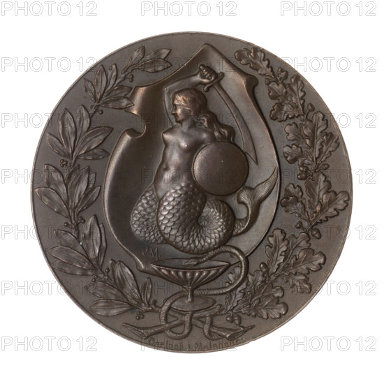 Souvenir from the Hygienic Exhibition in Warsaw; Meissner, Jan (1866–1905); Gerlach i Meissner (Warsaw; medal workshop; fl. ca. 1886–1910); exhibits a Syrena (coat of arms); hygiene exhibition medal; Art Nouveau style; 1896; Poland, Warsaw.