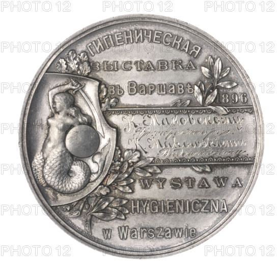 Hygienic Exhibition in Warsaw — Award for K. Makowski; Builder: Jan Meissner (1866–1905); Gerlach i Meissner (medal workshop, Warsaw; fl. ca. 1886–1910); exhibitions; hygiene exhibitions; coats of arms; city coats of arms; Art Nouveau; 1896; Poland; Warsaw; medal